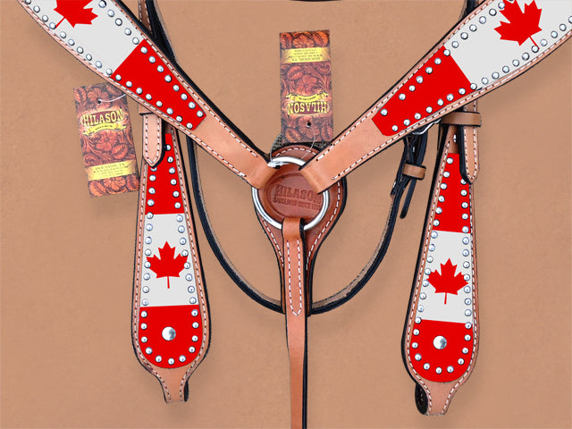 HILASON Western Horse Headstall &amp; Breast Collar American Leather Canadian Flag | Tack Set for Horses