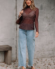 Sheer Mesh Lettuce Trim Long Sleeve Top