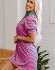 Stripe Collared V-Neck Puff Sleeve T-Shirt Dress