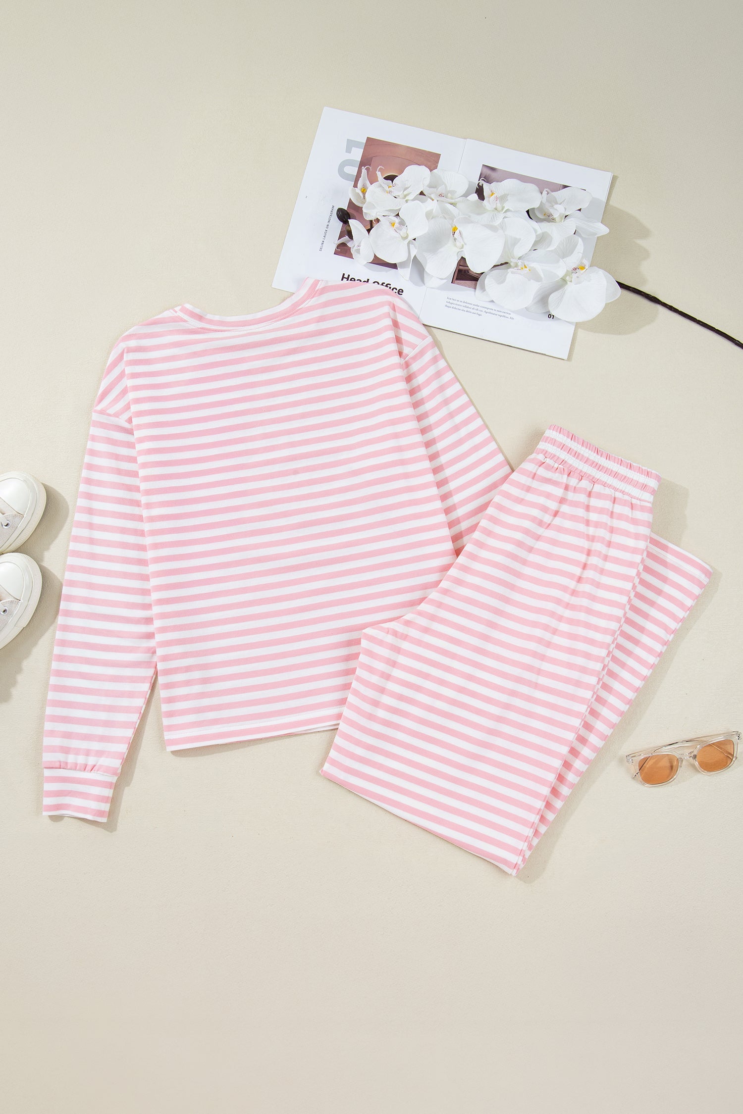 Stripe Drop Shoulder Top &amp; Buttoned Pants Set