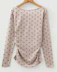Polka Dot Boat Neck Long Sleeve Ruched T-Shirt