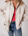 Solid Corduroy Zip-Up Pocketed Hooded Jacket