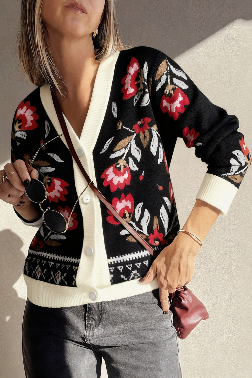 Floral Knit Button-Front V-Neck Cardigan
