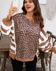 Plus Size Leopard Stripe Patchwork Side Slit Sweatshirt