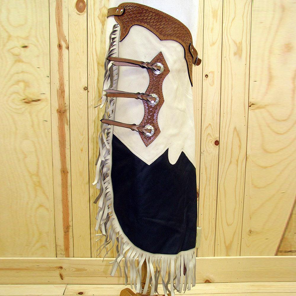 Hilason Bull Riding Chinks Chaps Pro Rodeo Western Smooth Leather Black &amp; White