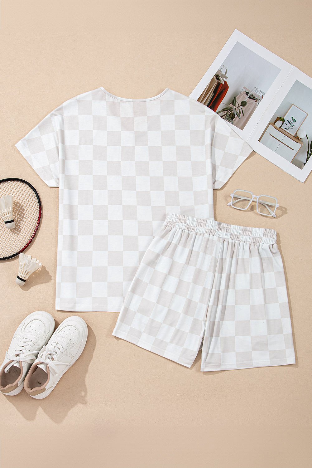 Checker V-Neck Tee &amp; Drawstring Shorts Set