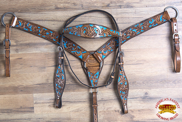 HILASON Western Horse Leather Headstall &amp; Breast Collar Set Floral Brown Turquoise Inlay