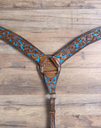 HILASON Western Horse Leather Headstall & Breast Collar Set Floral Brown Turquoise Inlay