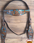 HILASON Western Horse Leather Headstall & Breast Collar Set Floral Brown Turquoise Inlay