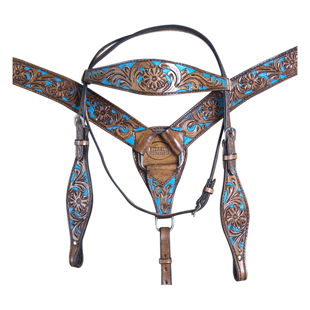 HILASON Western Horse Leather Headstall &amp; Breast Collar Set Floral Brown Turquoise Inlay