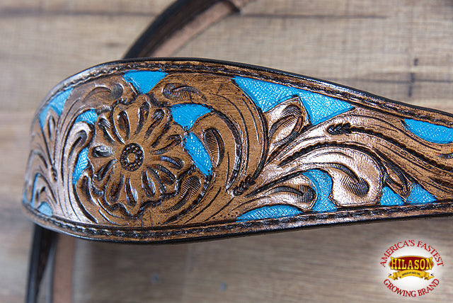 HILASON Western Horse Leather Headstall &amp; Breast Collar Set Floral Brown Turquoise Inlay