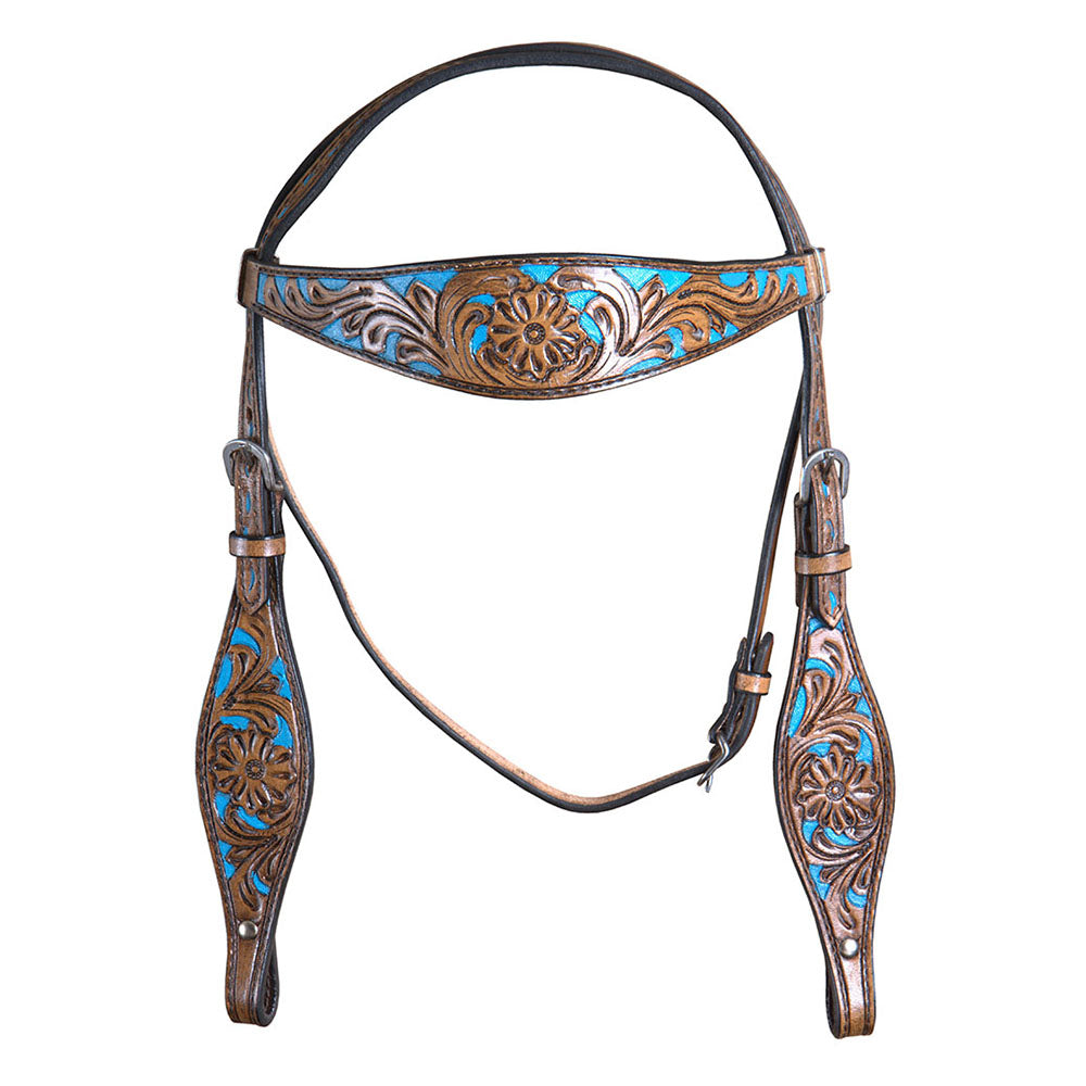 HILASON Western Horse Leather Headstall &amp; Breast Collar Set Floral Brown Turquoise Inlay