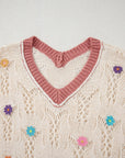 Flower Embroidered Colorblock Edge Hollowed Sweater