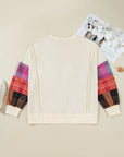 Beige Plus Size Multicolor Plaid Patchwork Sleeve Pullover Top