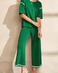 Contrast Trim Top and Drawstring Pants Set