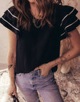Contrast Trim Ruffle Short Sleeve Blouse
