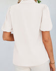 Solid Bow Tie V-Neck Puff Sleeve Blouse