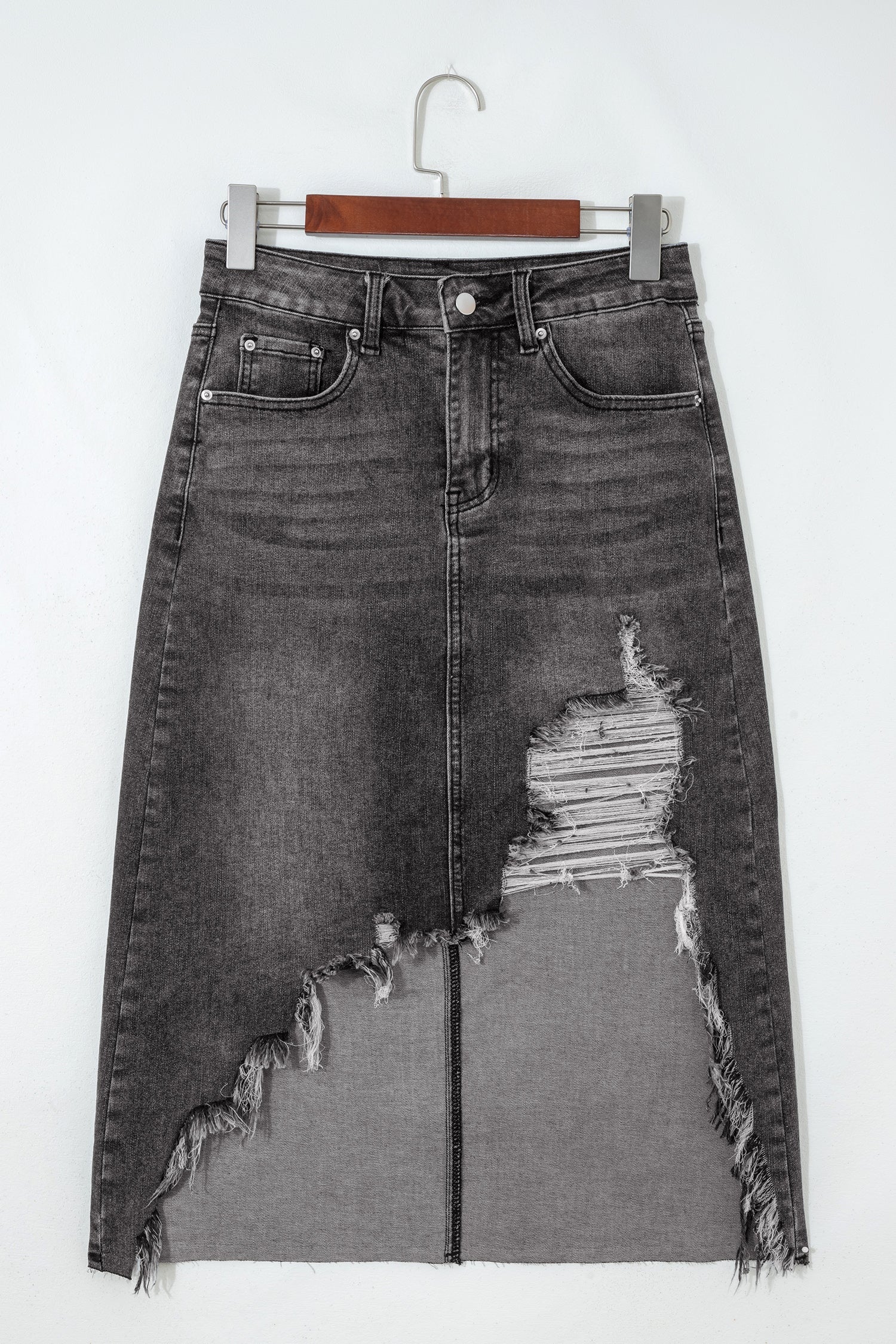 Denim Asymmetrical Distressed Midi Skirt