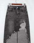 Denim Asymmetrical Distressed Midi Skirt