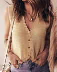 Boho Solid Eyelet Trim Buttoned Sweater Vest