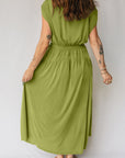 Solid V-Neck Cap Sleeve Elastic Waist Dress