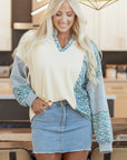 Floral Stripe Collared V-Neck Drop Sleeve Sweatshirt