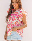 Floral Ricrac Trim  Ruffle Sleeve Blouse
