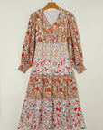 Floral V-Neck Ruffle Long Sleeve Midi Dress