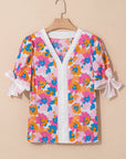 Floral Colorblock Stripe V-Neck Short Sleeve Blouse