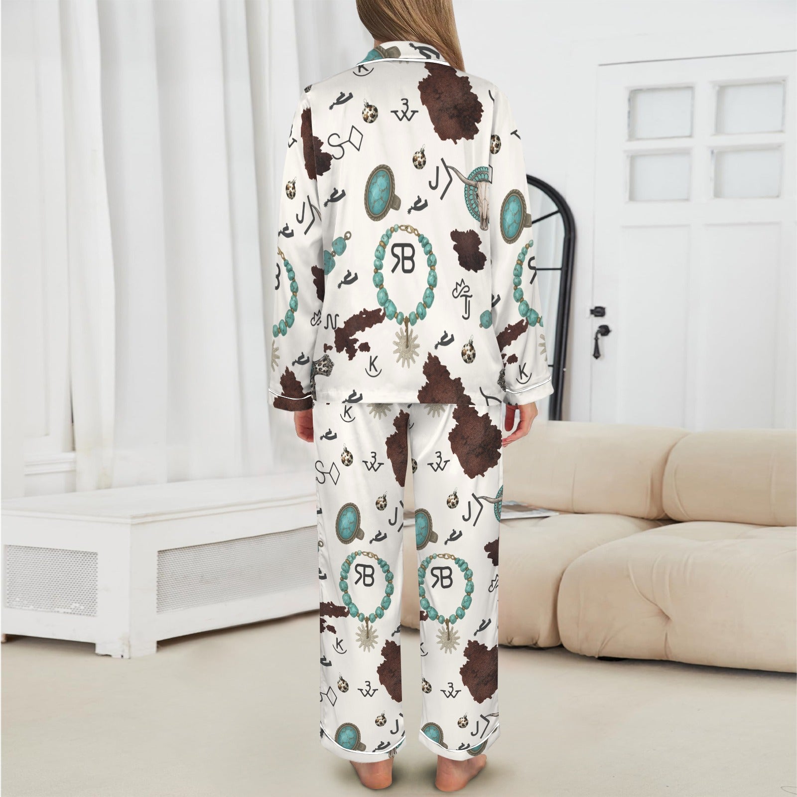Baha Ranch Brands &amp; Turquoise Cowgirl Christmas Western Cowprint Satin Pajamas