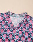Floral Abstract V-Neck Ruffle Puff Sleeve Top