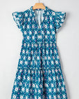 Floral Split Neck Ruffle Short Sleeve Dress