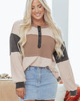 Colorblock Waffle Knit Patchwork Henley Top