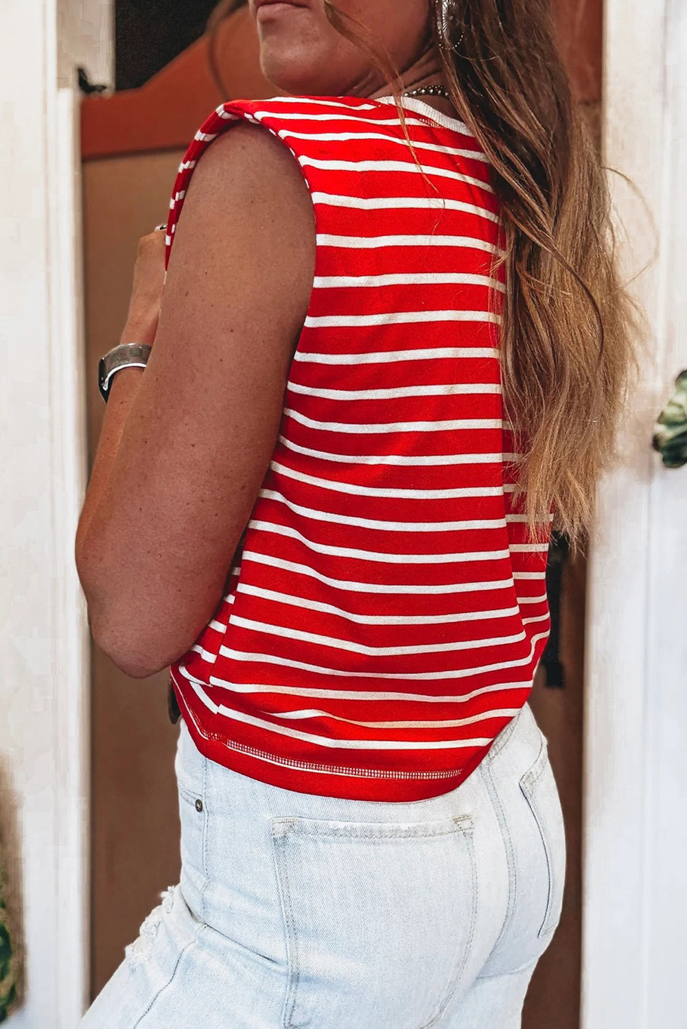 Stripe Ribbed Trim Round Neck Tank Top
