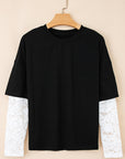 Lace Insert Long Sleeve Drop Shoulder Tee