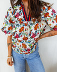 Floral Contrast V-Neck Puff Sleeve Blouse