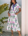 Julietta Floral Puff Short Sleeve V Neck High Waist Maxi Dress