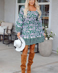 Boho Floral Piping Trim Bubble Sleeve Dress