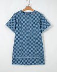 Checker Denim Frayed Hem Mini Dress