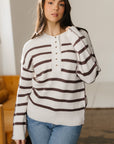 Stripe Ribbed Slouchy Drop Shoulder Henley Sweater