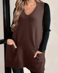 Solid Ribbed Trim Deep V-Neck Sleeveless Tunic Sweater