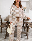 Plus Size Stripe V-Neck Pullover and Drawstring Pants Set