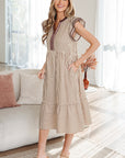 Stripe Ruffle Short Sleeve V-Neck Midi Dress