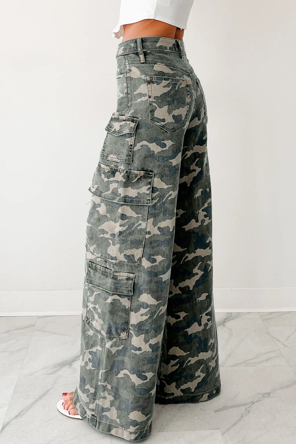 Camo Denim Cargo Wide Leg Pants