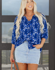 Floral 3/4 Sleeve Notched Neck Blouse