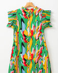 Abstract Frilled Neck Ruffle Sleeve Mini Dress