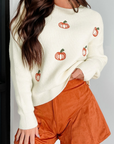 Halloween Pumpkin Embroidered Ribbed Thanksgiving Holiday Sweater