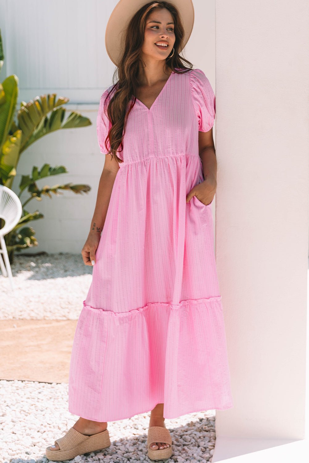Ella Stripe V Neck Puff Short Sleeve Maxi Dress