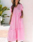 Ella Stripe V Neck Puff Short Sleeve Maxi Dress
