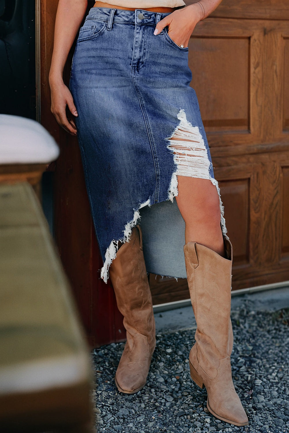 Denim Asymmetrical Distressed Midi Skirt